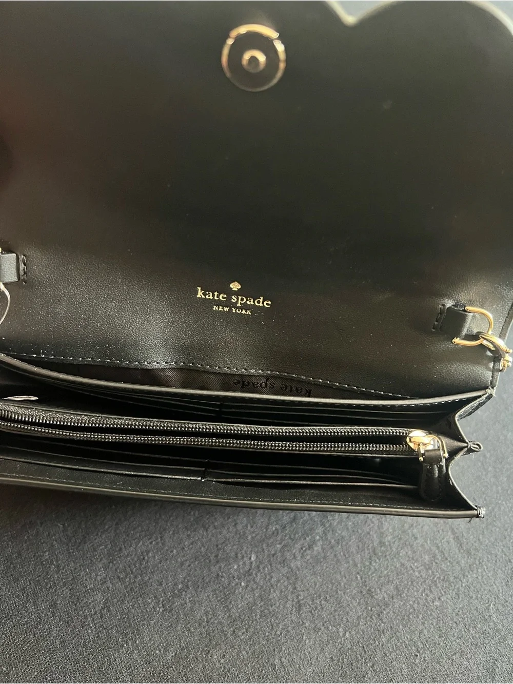 kate spade Gemma Black Leather Scalloped Crossbody Wallet on a Gold Chain NEW